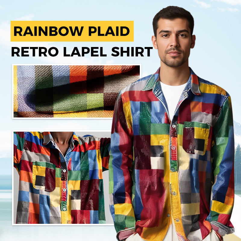 Unisex Simple Rainbow Color Plaid Vintage Printed Lapel Long Sleeve Pocket Shirt