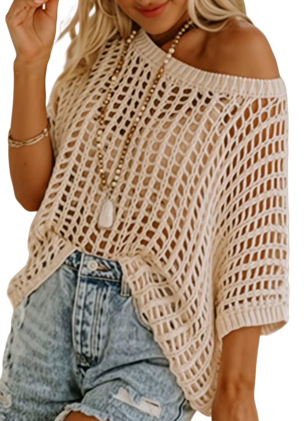 💥This Week's Special Price-50% OFF⏳Womens Summer Scoop Neck ShortSleeve Sweater Casual Crochet Hollow Out Knit Top