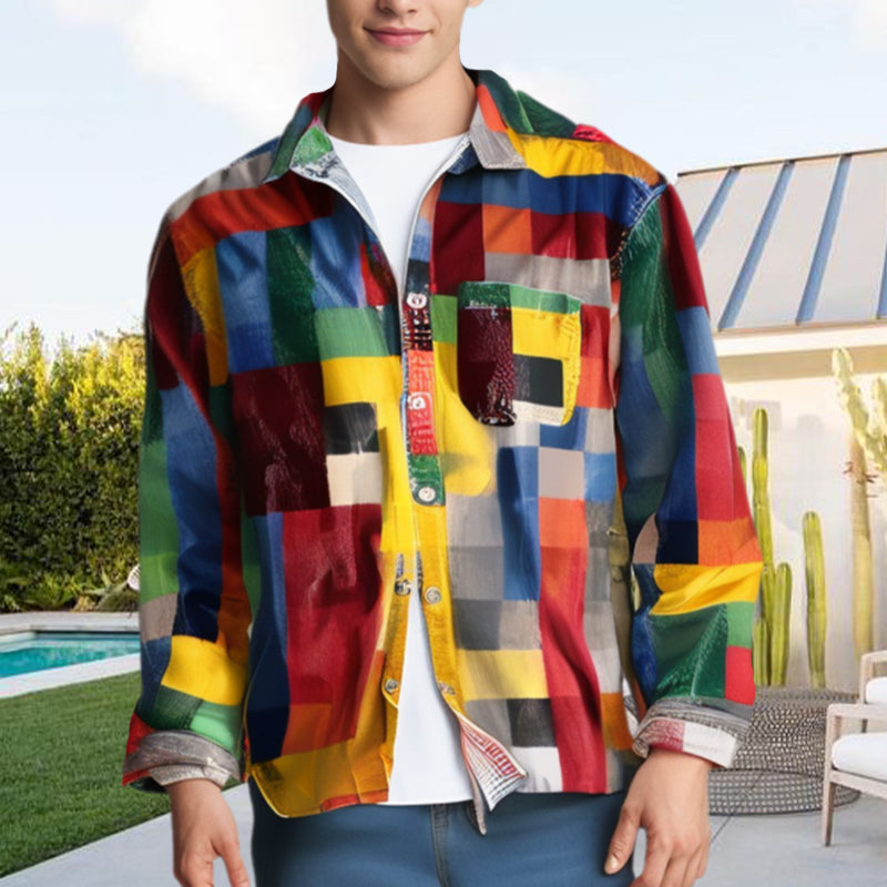 Unisex Simple Rainbow Color Plaid Vintage Printed Lapel Long Sleeve Pocket Shirt