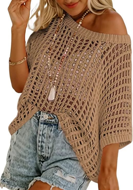 💥This Week's Special Price-50% OFF⏳Womens Summer Scoop Neck ShortSleeve Sweater Casual Crochet Hollow Out Knit Top