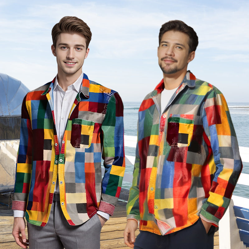 Unisex Simple Rainbow Color Plaid Vintage Printed Lapel Long Sleeve Pocket Shirt