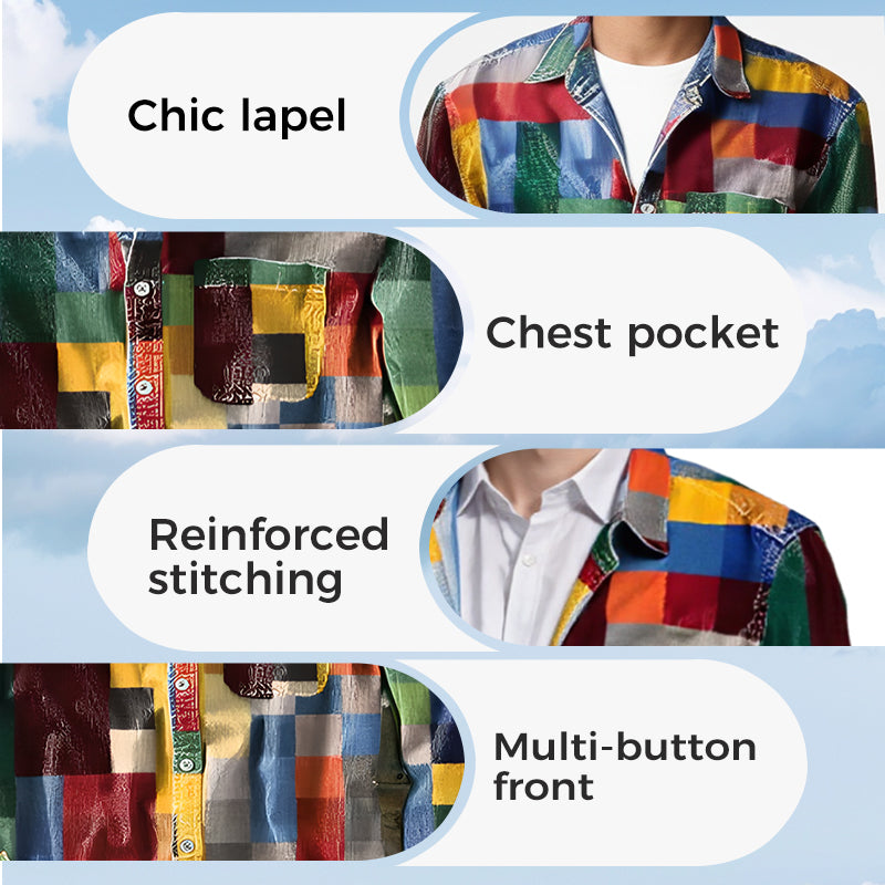 Unisex Simple Rainbow Color Plaid Vintage Printed Lapel Long Sleeve Pocket Shirt