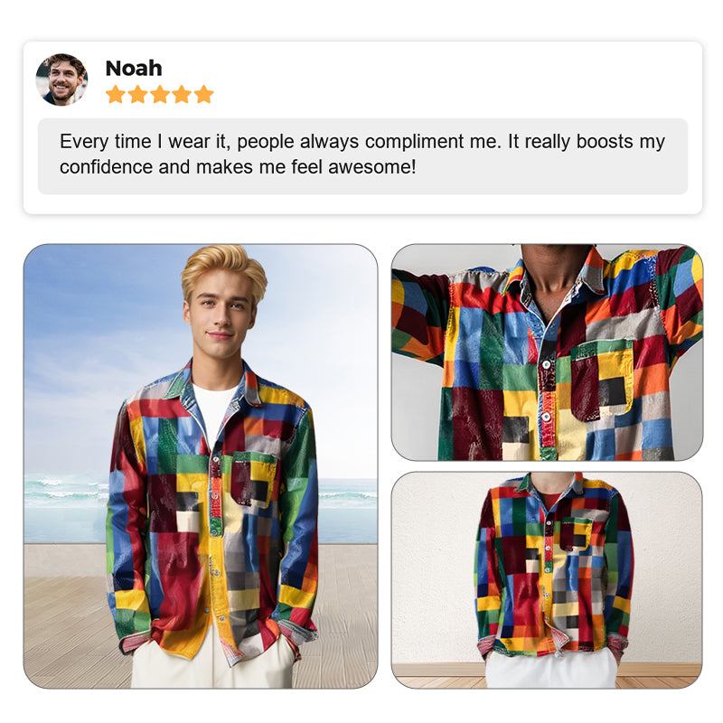 Unisex Simple Rainbow Color Plaid Vintage Printed Lapel Long Sleeve Pocket Shirt
