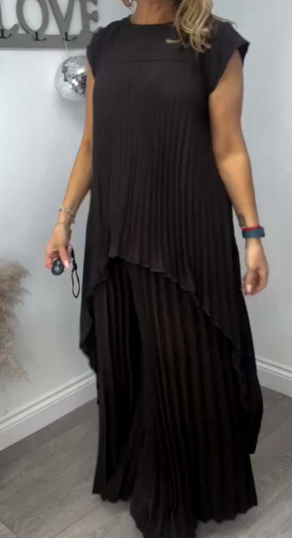 Laney Pleated Short Sleeve Irregular Midi Top and Elastic Waist Wide Leg Pants Set