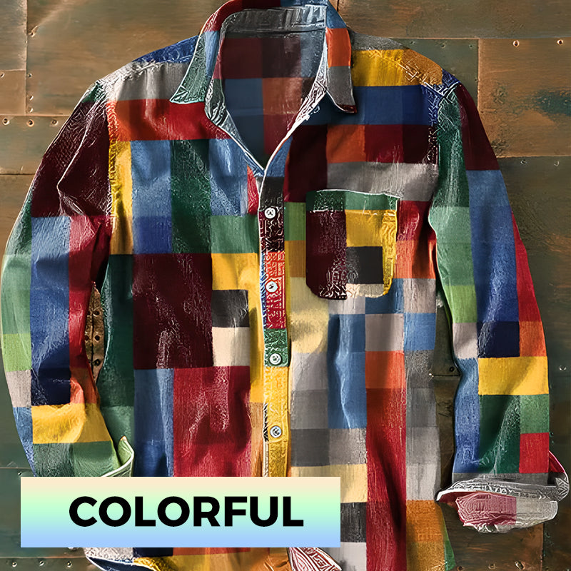 Unisex Simple Rainbow Color Plaid Vintage Printed Lapel Long Sleeve Pocket Shirt