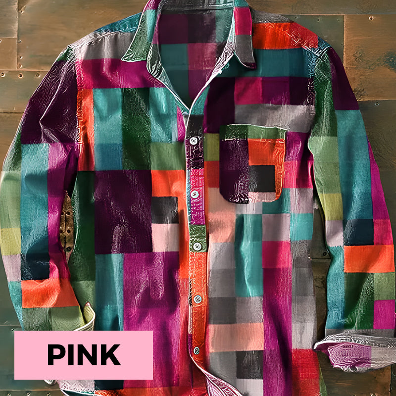 Unisex Simple Rainbow Color Plaid Vintage Printed Lapel Long Sleeve Pocket Shirt