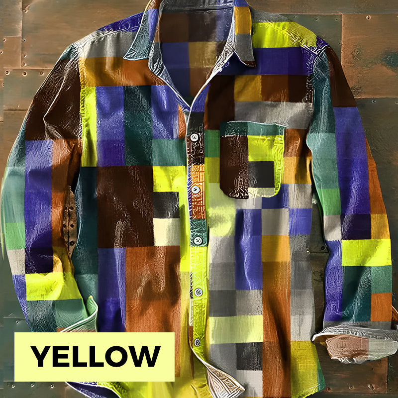 Unisex Simple Rainbow Color Plaid Vintage Printed Lapel Long Sleeve Pocket Shirt