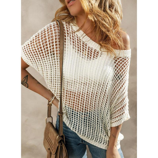 💥This Week's Special Price-50% OFF⏳Womens Summer Scoop Neck ShortSleeve Sweater Casual Crochet Hollow Out Knit Top