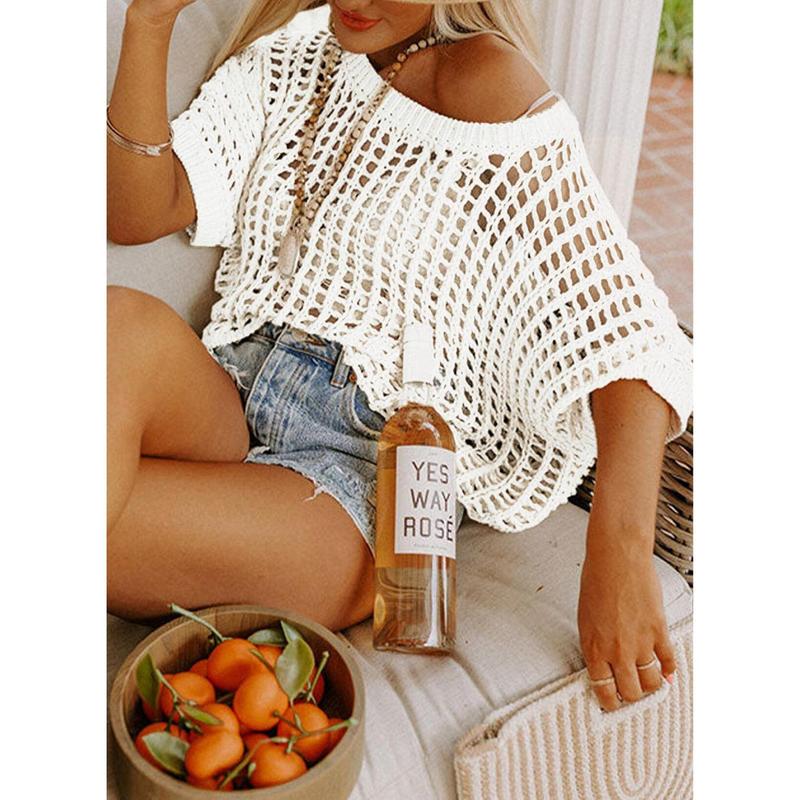 💥This Week's Special Price-50% OFF⏳Womens Summer Scoop Neck ShortSleeve Sweater Casual Crochet Hollow Out Knit Top