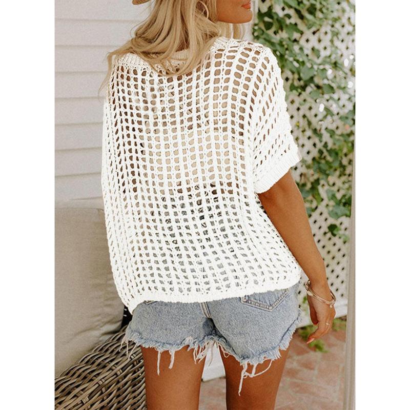 💥This Week's Special Price-50% OFF⏳Womens Summer Scoop Neck ShortSleeve Sweater Casual Crochet Hollow Out Knit Top