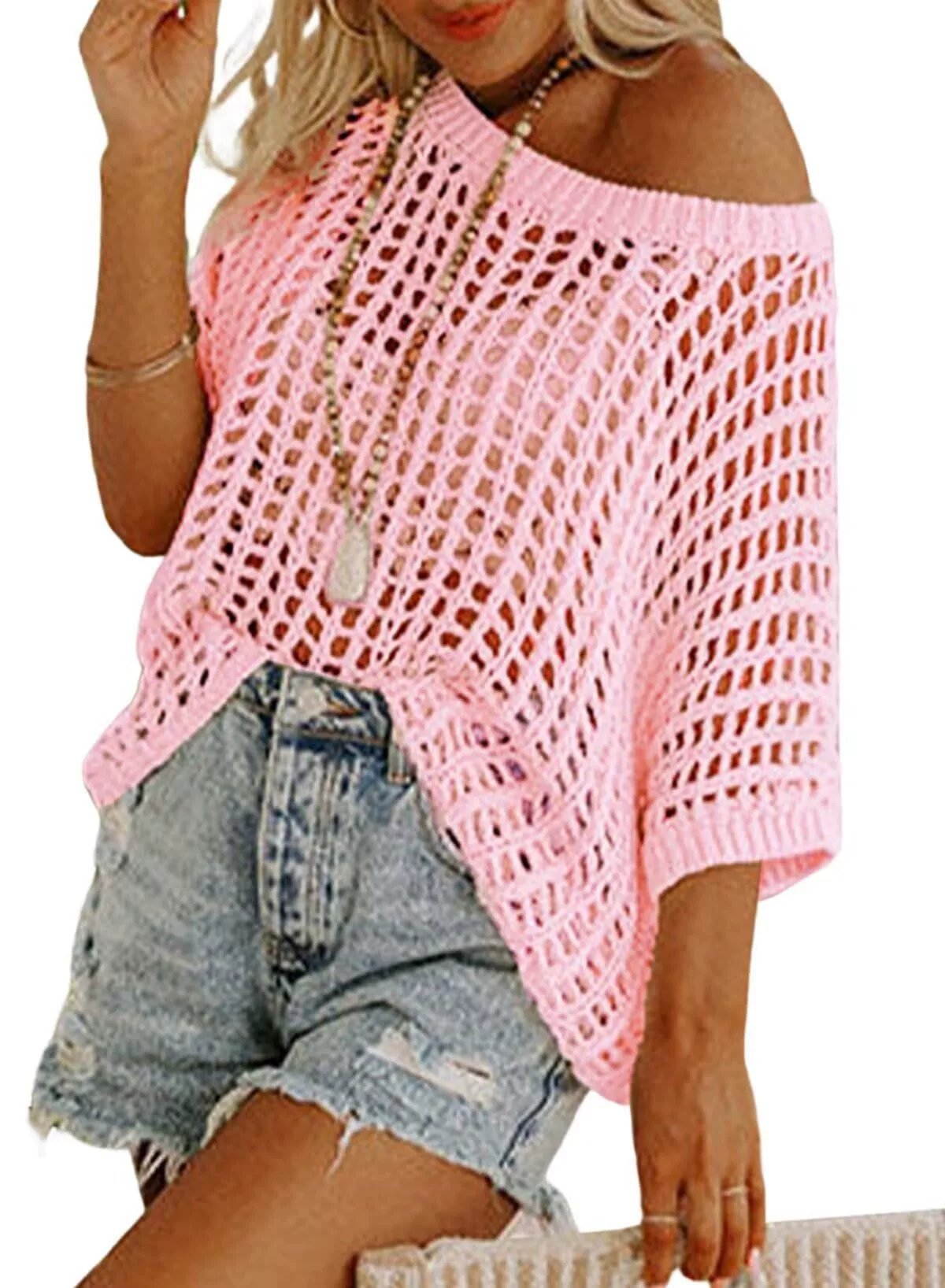 💥This Week's Special Price-50% OFF⏳Womens Summer Scoop Neck ShortSleeve Sweater Casual Crochet Hollow Out Knit Top