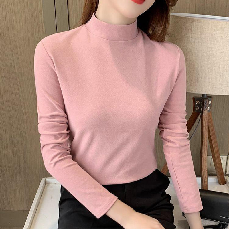 Women's Comfortable Solid Color Half High Neck Long Sleeve Top